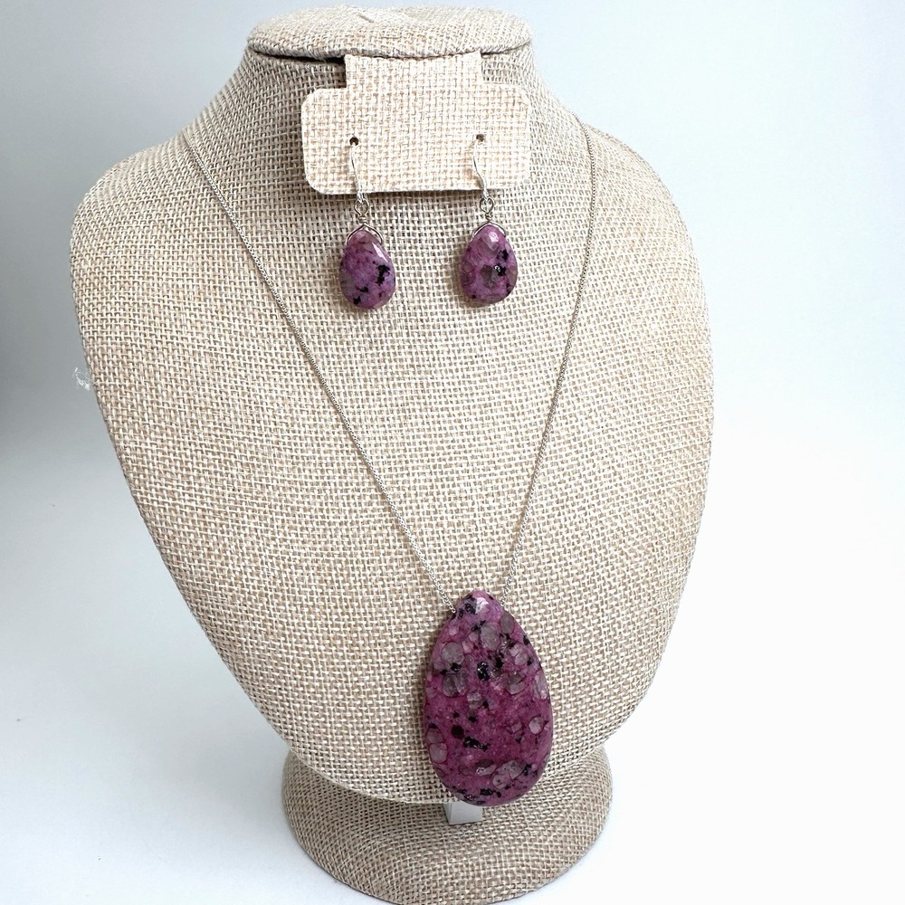 Ruby Kiwi Jasper Pendant Necklace Earrings 18" Italian Silver Boho Chakra Aries